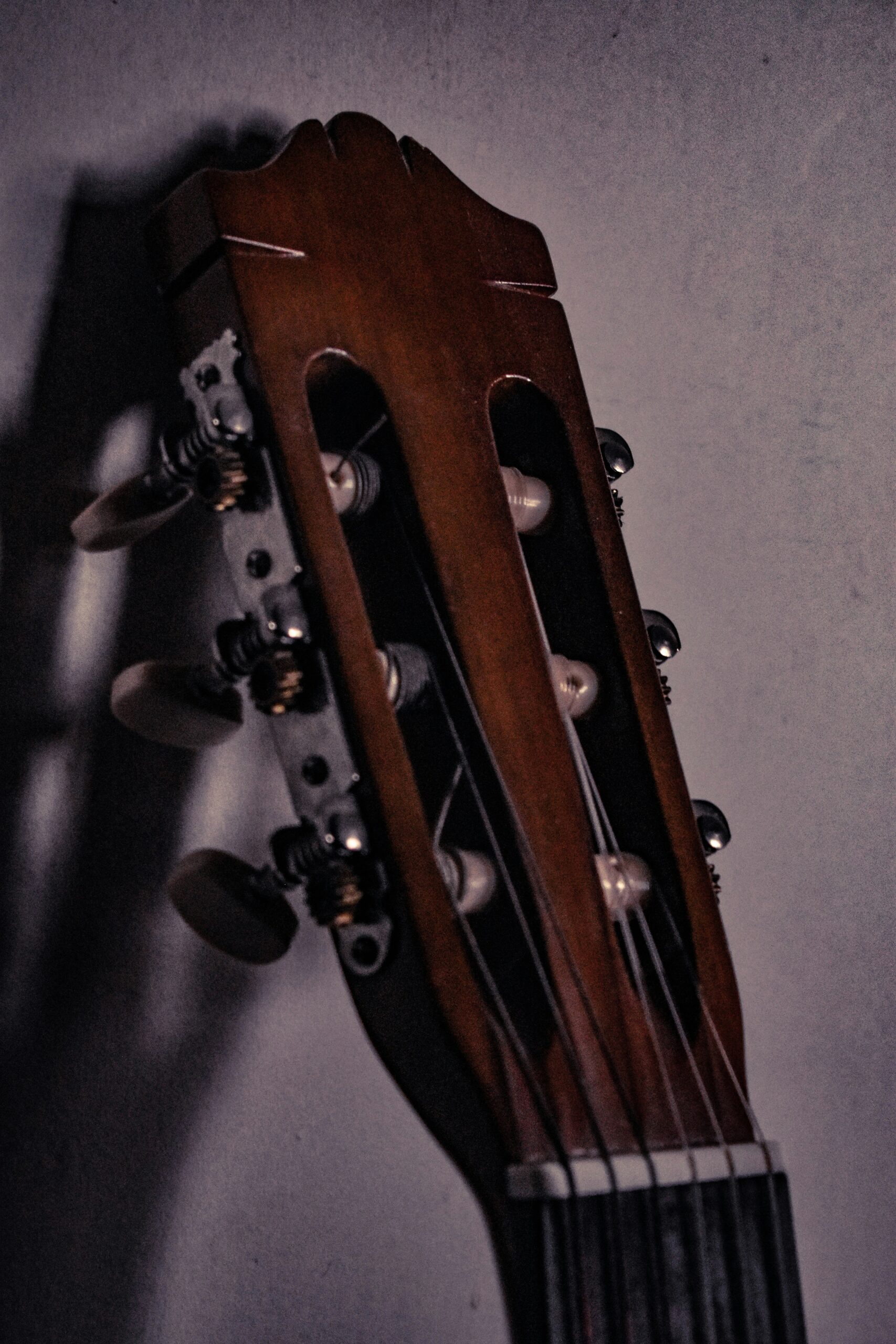 a close up of an acoustic guitar neck